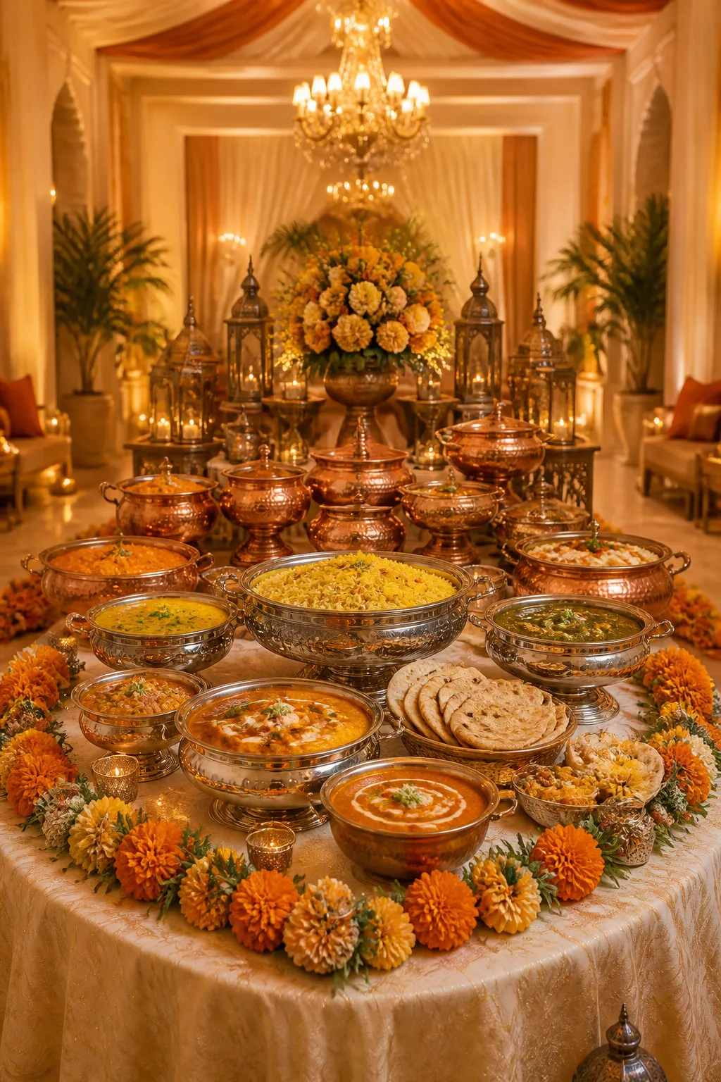 Beautifully presented Indian wedding catering spread with silver chafing dishes and marigold decorations