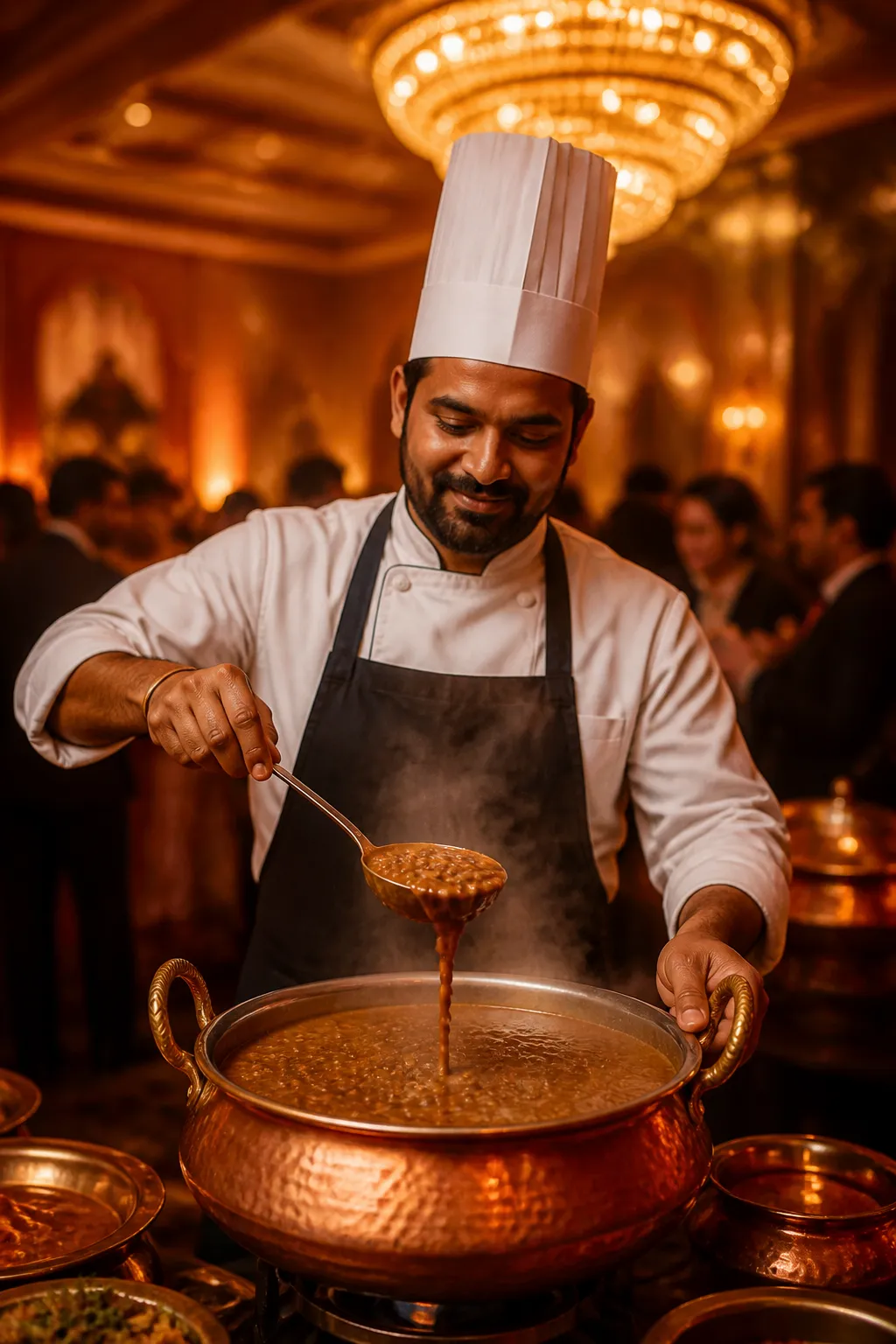 Caterer serving dal makhani at a live counter during a wedding event
